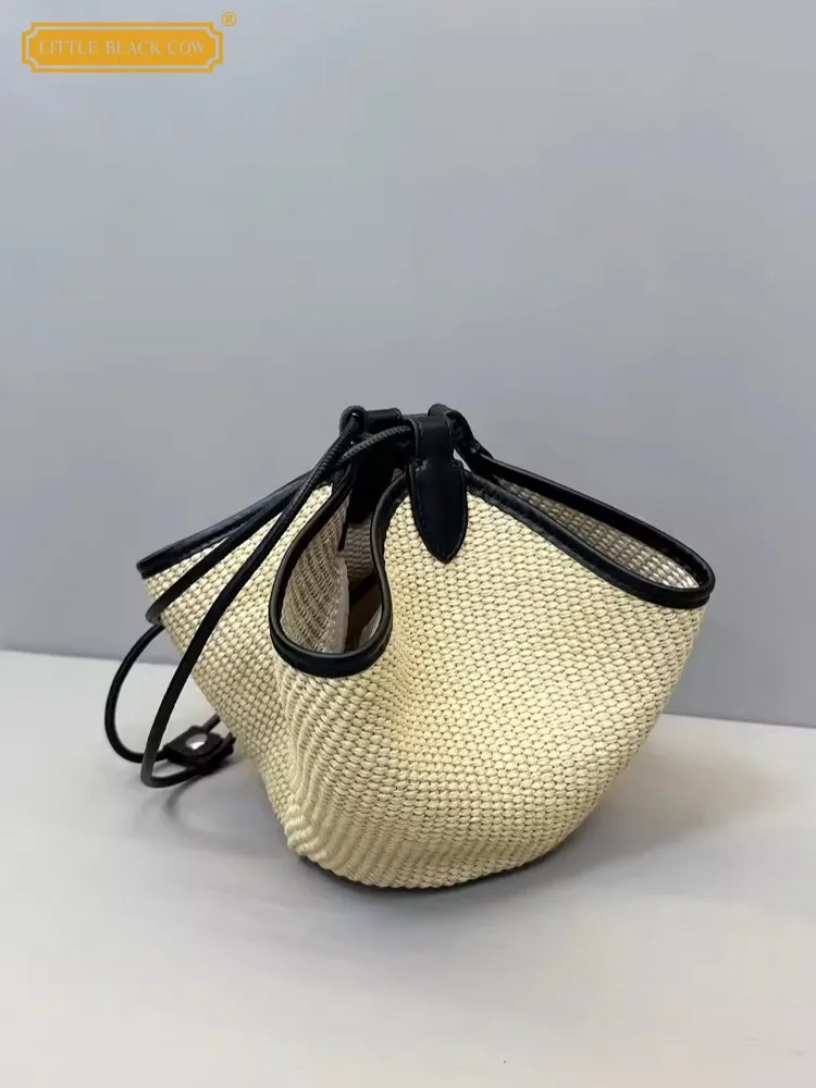 Designer Women Summer Holiday Straw Bag Vintage Summer Bucket Shoulder Bags Cow Leather Spliced Beach Bag Casual Totes Handbag