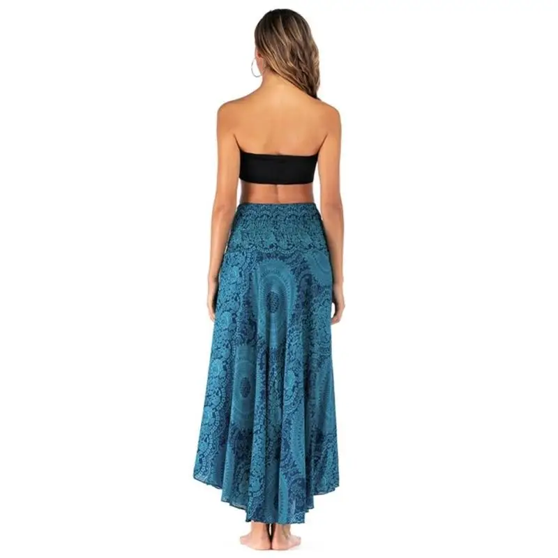 652F Women 2 In 1 Floral Print Long Skirt Bohemian Elastic Waist Maxi Skirts with Adjustable Strap Holiday Beach Halter Dress