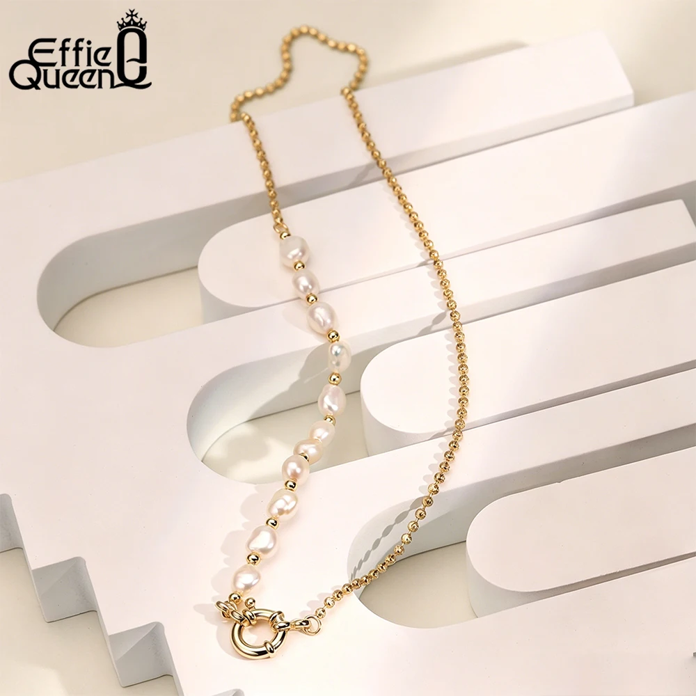 

EFFIE QUEEN 925 Sterling Silver 5-6mm Natural Baroque Pearl Gothic Chain Clavicle Necklace for Women Vintage Charm Jewelry GPN93