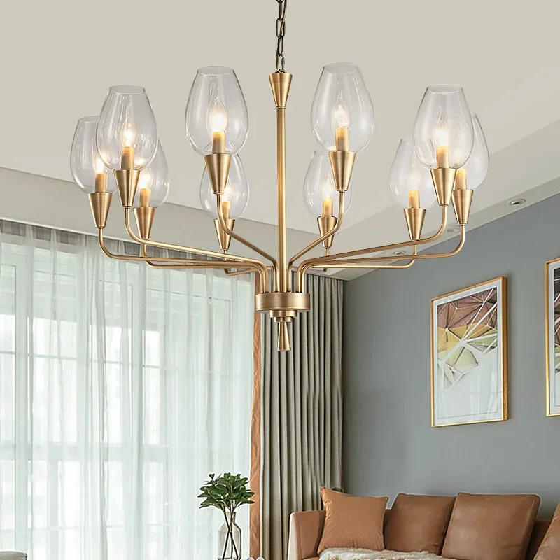 

American Style Minimalist All Copper Chandelier Blue Crystal Glass LED Light Bedroom Living Room Luxury Restaurant Pendant Lamp