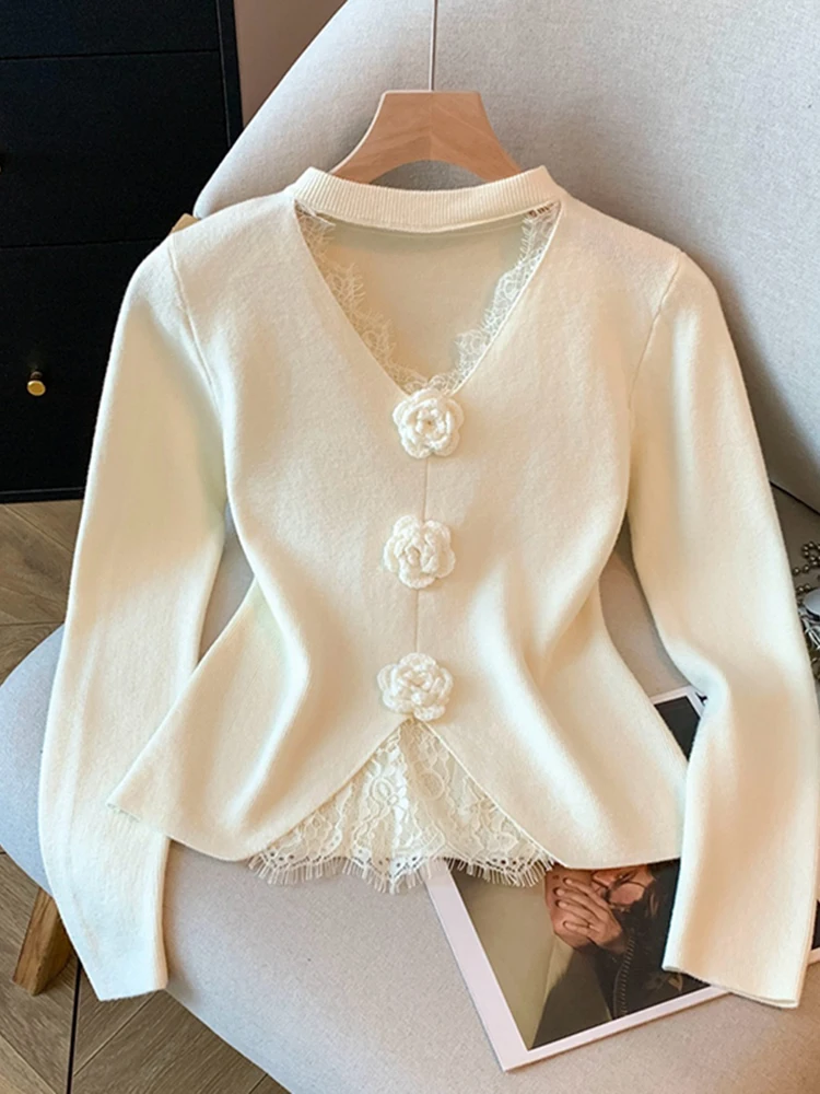 

Women's V-ne Knitted Sweater Lace Splicing Neline Faionable Winter Base irt Soft Long Sve Sweet Sle Daily Wear