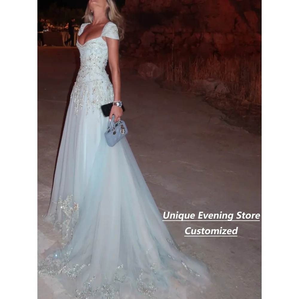 Customized Light Blue A Line Evening Gown Sweetheart Cap Sleeve Beaded Tulle Mother of the Bride Dresses Wedding Guest Dress