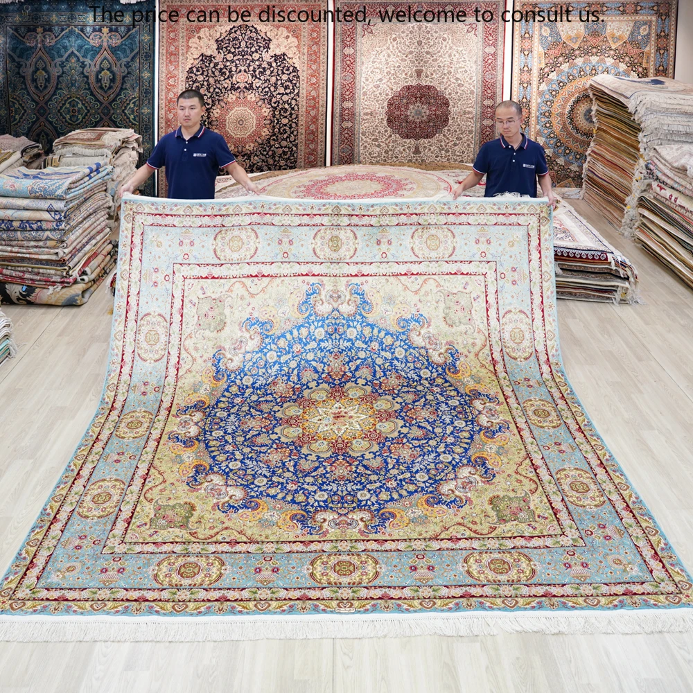 

274x274cm Square Hand Knotted Silk Carpet Blue Hereke Design Area Nanyang Rug