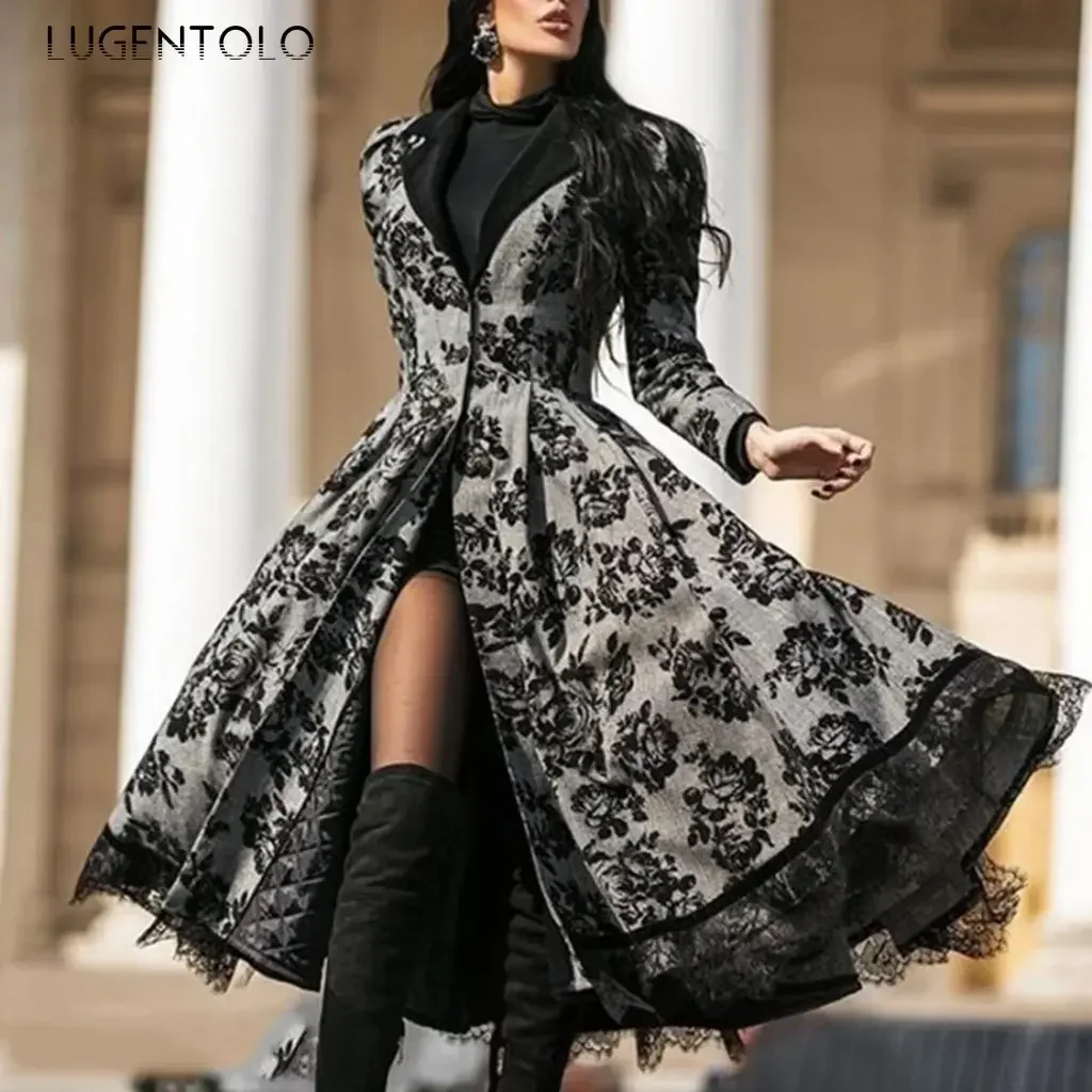 

Women Vintage Party Trench Dress Long Sleeve Autumn Splicing Lace Button Coat Lady Casual Big Swing Fashion Jackets