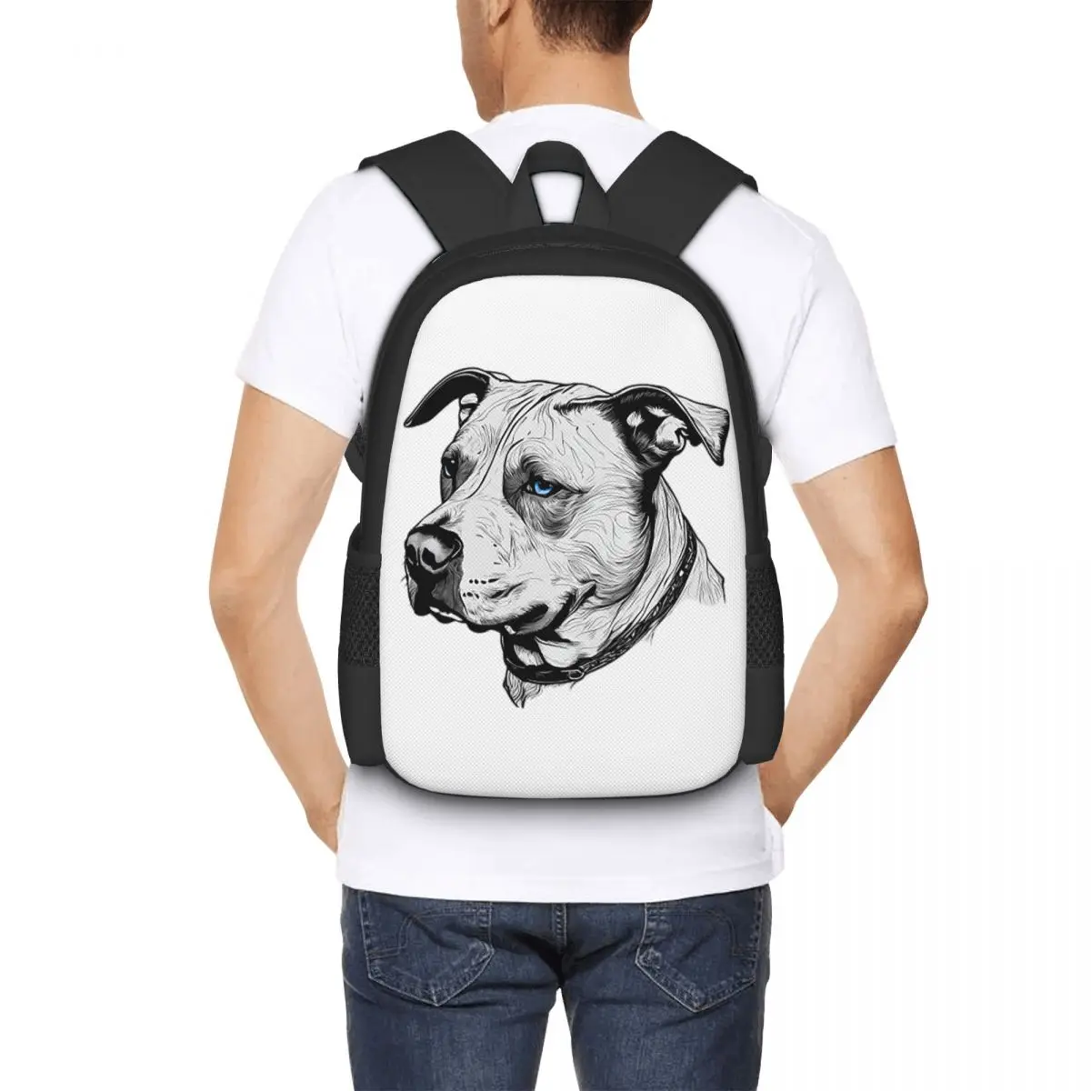 Minimalist Line Pitbull With Blue Eyes Backpack Hot Sale Daypack Large Capacity BookBag School Bag Shoulder Bags for Men Women