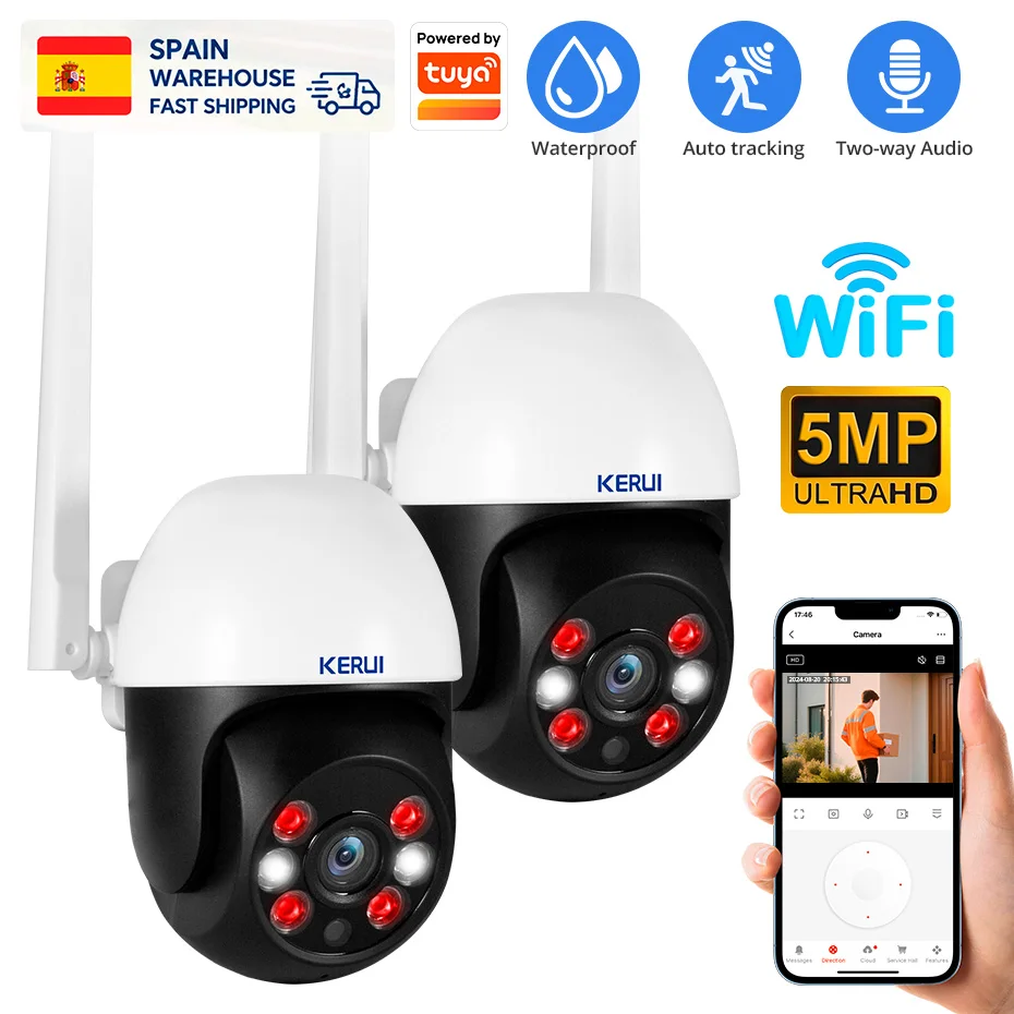 Caméra PTZ KERUI pour l'extérieur, caméra IP WiFi 5MP/8MP, fonctionne avec Tuya Smart, caméra de surveillance CCTV, suivi automatique, vision nocturne