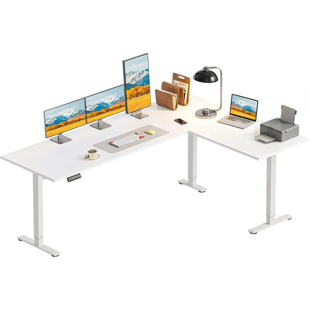 71 Reversible L-Shaped Electric Desk, Adjustable Height, Ergonomic Standing Desk for Home and Office, White