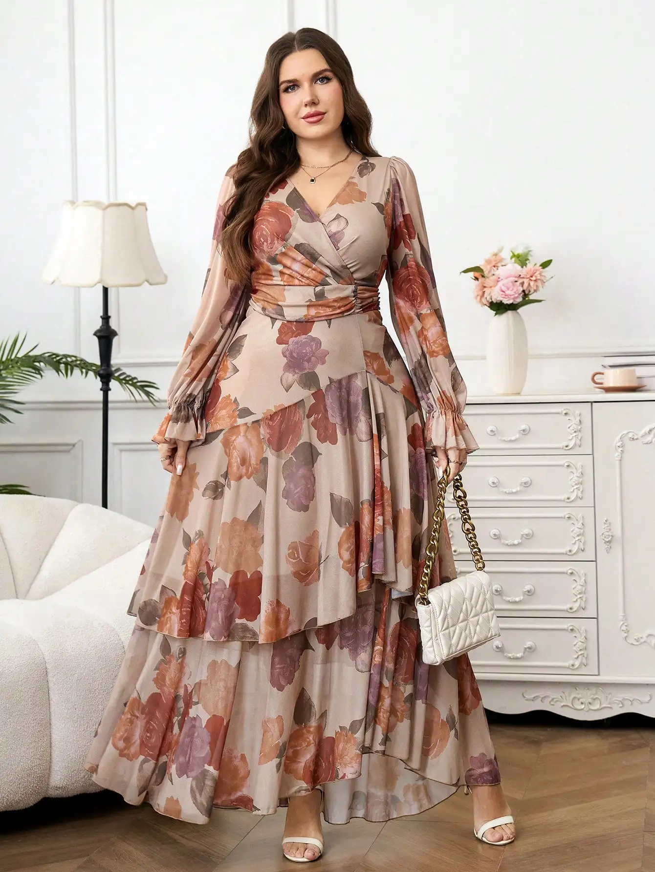 

Floral Print Ruffle Hem High Stretch Cinched Waist Long Dress For Women