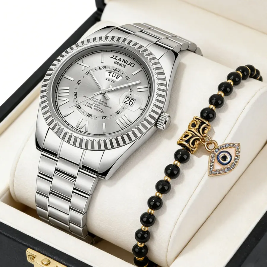 Classic Business Men's Steel Band Watch Double Calendar Week Display Stainless Steel Band Roman Pattern Quartz Watch Men