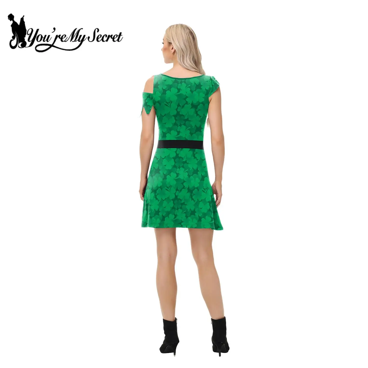 [You're My Secret] Funny Women Dress Cosplay Green Clover Printing St'patrick's Day Party Sleeveless Asymmetrical Female Dresses