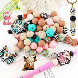 New Cow Yak Silicone Focal Beads Printed Round Lentil Beads Kits For Jewelry Making DIY Bracelet Keychain Necklaces Accessories