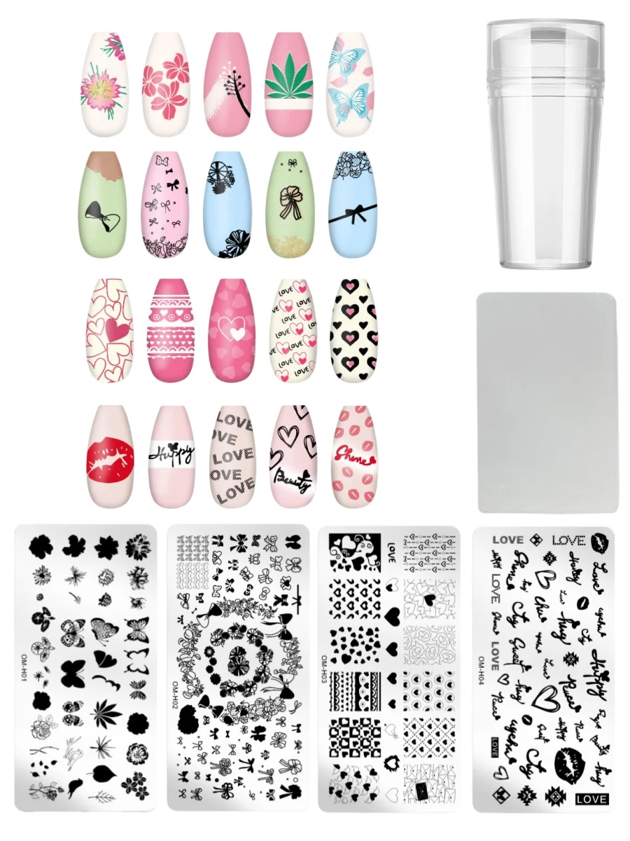 4Pcs 12*6cm Nail Art Templates Stamping Plate Design Flower Animal Glass Lace Stamp Templates Plates Flower With Stamp Tool
