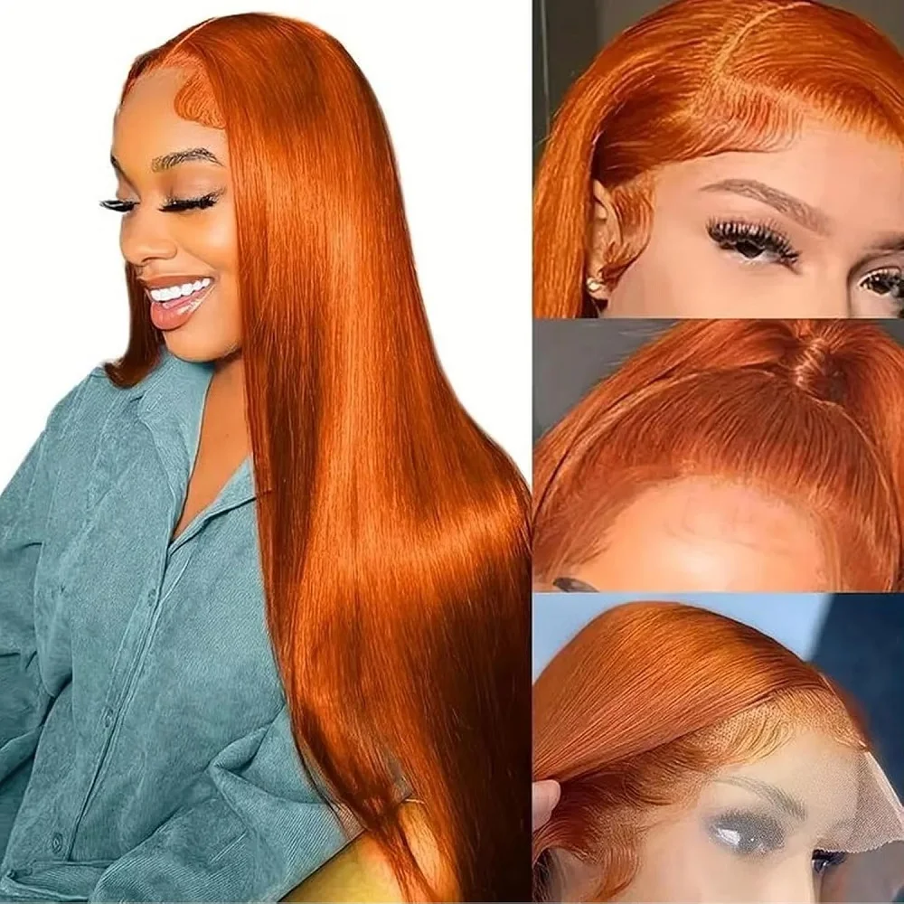 

200 Density Straight Ginger Orange Human Hair 13x6 Transparent Lace Frontal 350 Colored Human Hair Wig 30 Inch For Women