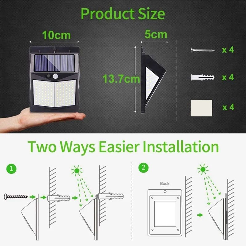 Lampes de sécurité solaires à 140 LED pour l'extérieur, avec détecteur de mouvement, 3 modes d'éclairage, 62 appliques murales