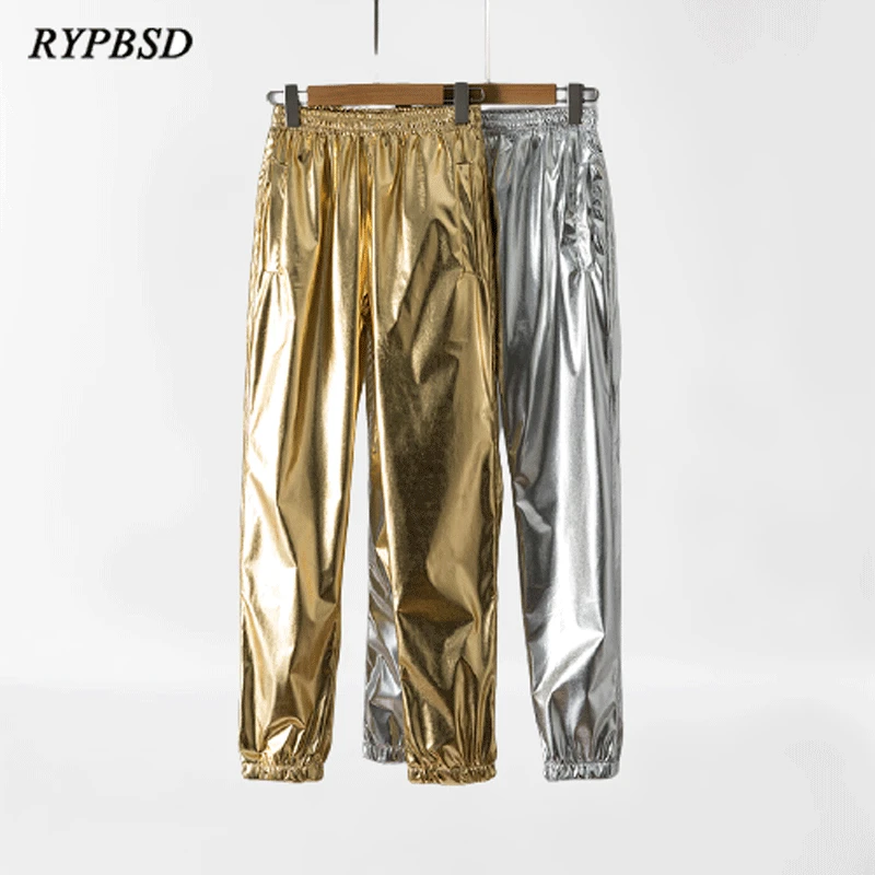 Pantalones de chándal dorados metalizados brillantes para hombres, ropa de calle, pantalones de Hip Hop, traje de cantante de escenario de club