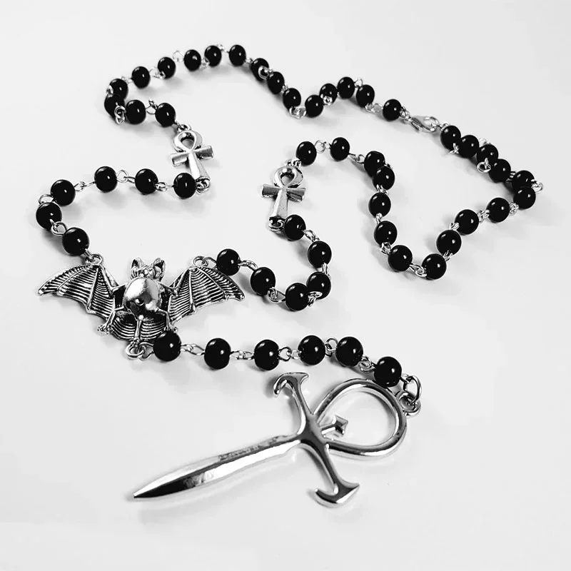 Vampire Bat Winged Dagger Cross Rosary Gothic Punk Alternative Pendant Necklace 2022 Fashion Charm Statement Women Gift