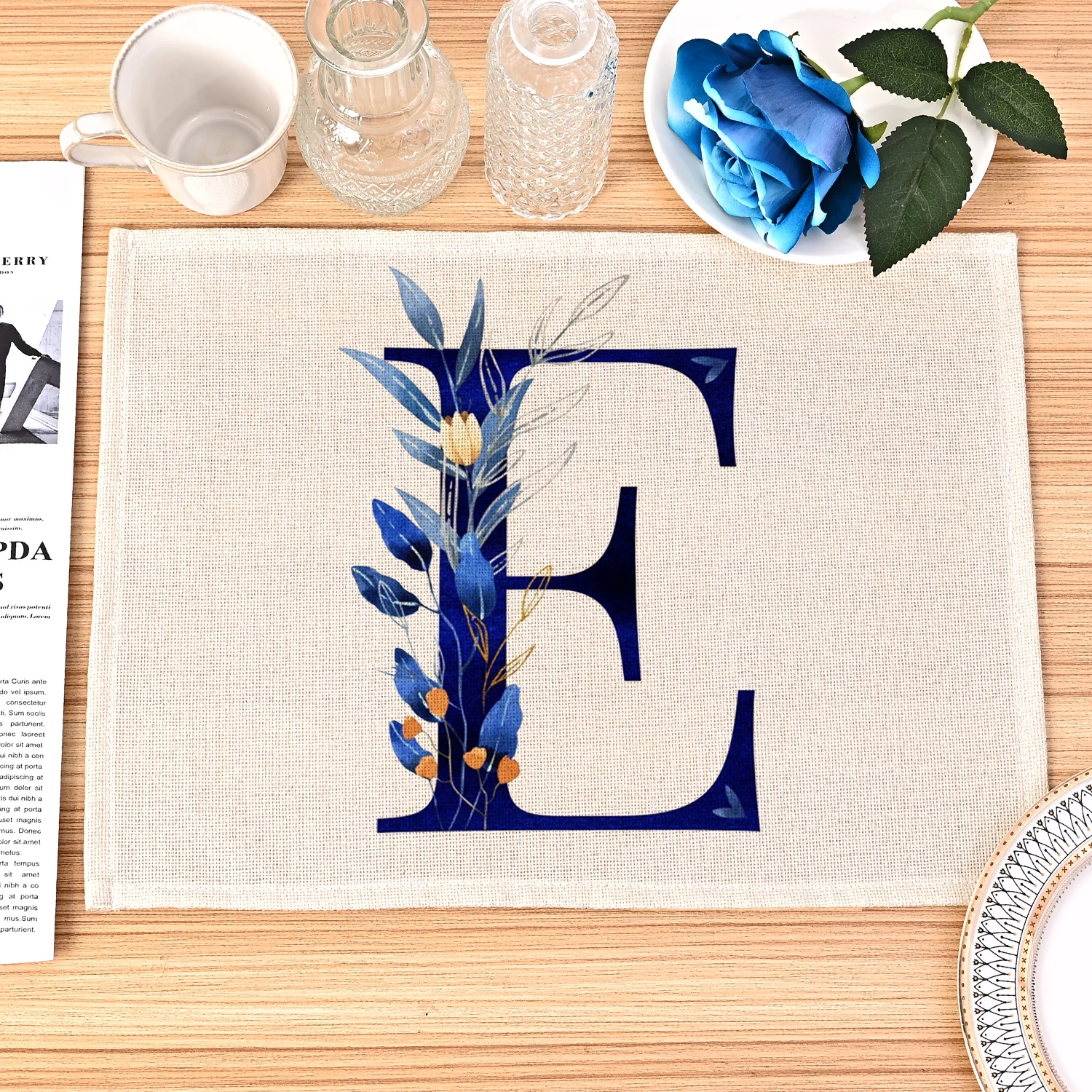 Blue Letters Pattern kitchen Placemat Home Decor Dining Table Mats Tea Coaster Cotton Linen Pads Bowl Cup Mats Home Decoration