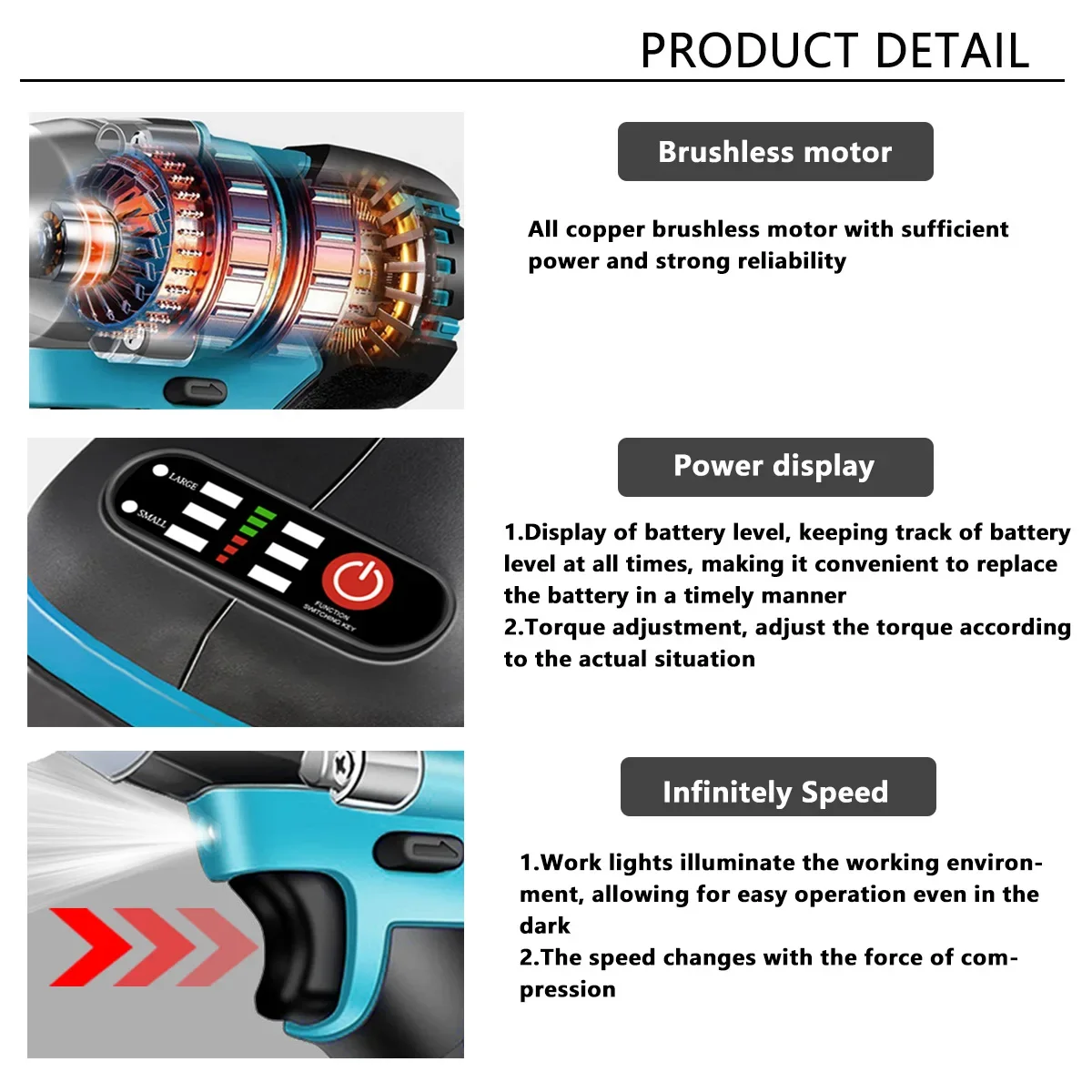 WOBERICH-llave de impacto eléctrica inalámbrica sin escobillas, herramientas eléctricas recargables de 1/2 pulgadas, Compatible con batería Makita