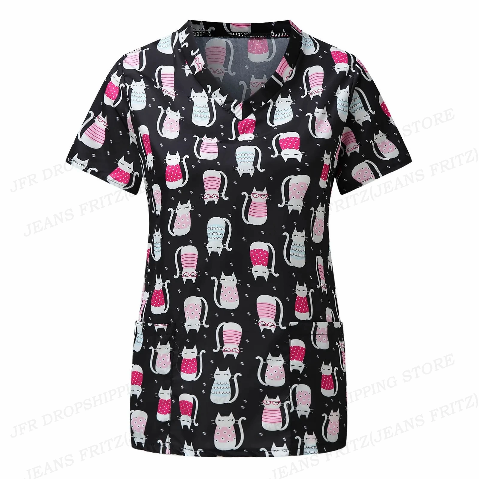 Pharmacist Dentist Veterinary Nurse Uniform Animal V-Neck Pocket Medical Uniforms Cartoon Nursing Scrubs Tops Uniforme enfermera