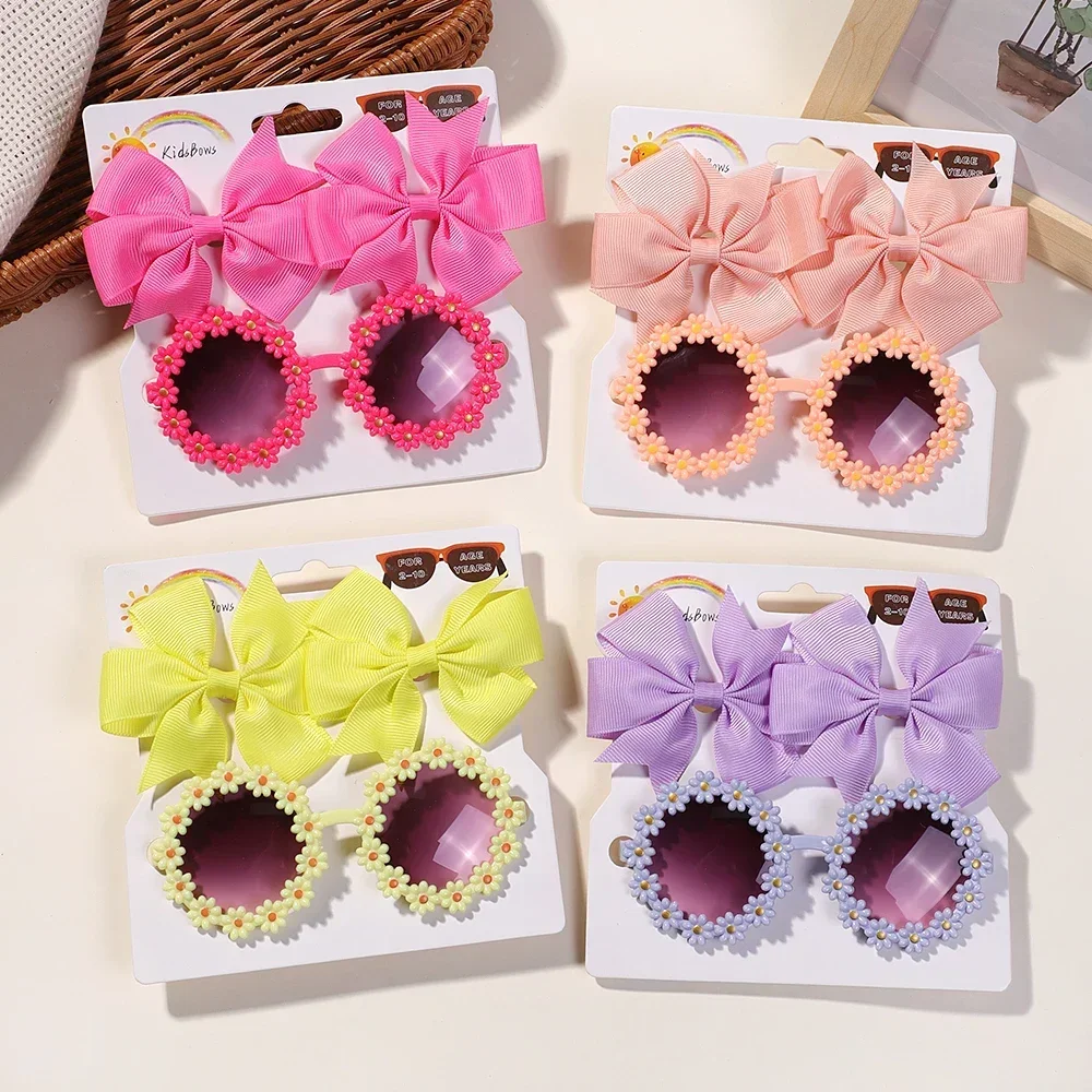 2Pcs/set Cute Girl Bow Hairclips Retro Flower Sunglasses for Kids Printing Handmade Hairgripes Kids Headwear Glasses Accessories