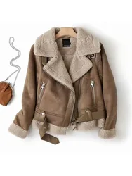 Women Faux Fur Lambwool Coat Suede Jackets with Belts Casual Thick Warm Biker Jackets Zipper Oversize Leather Windbreaker