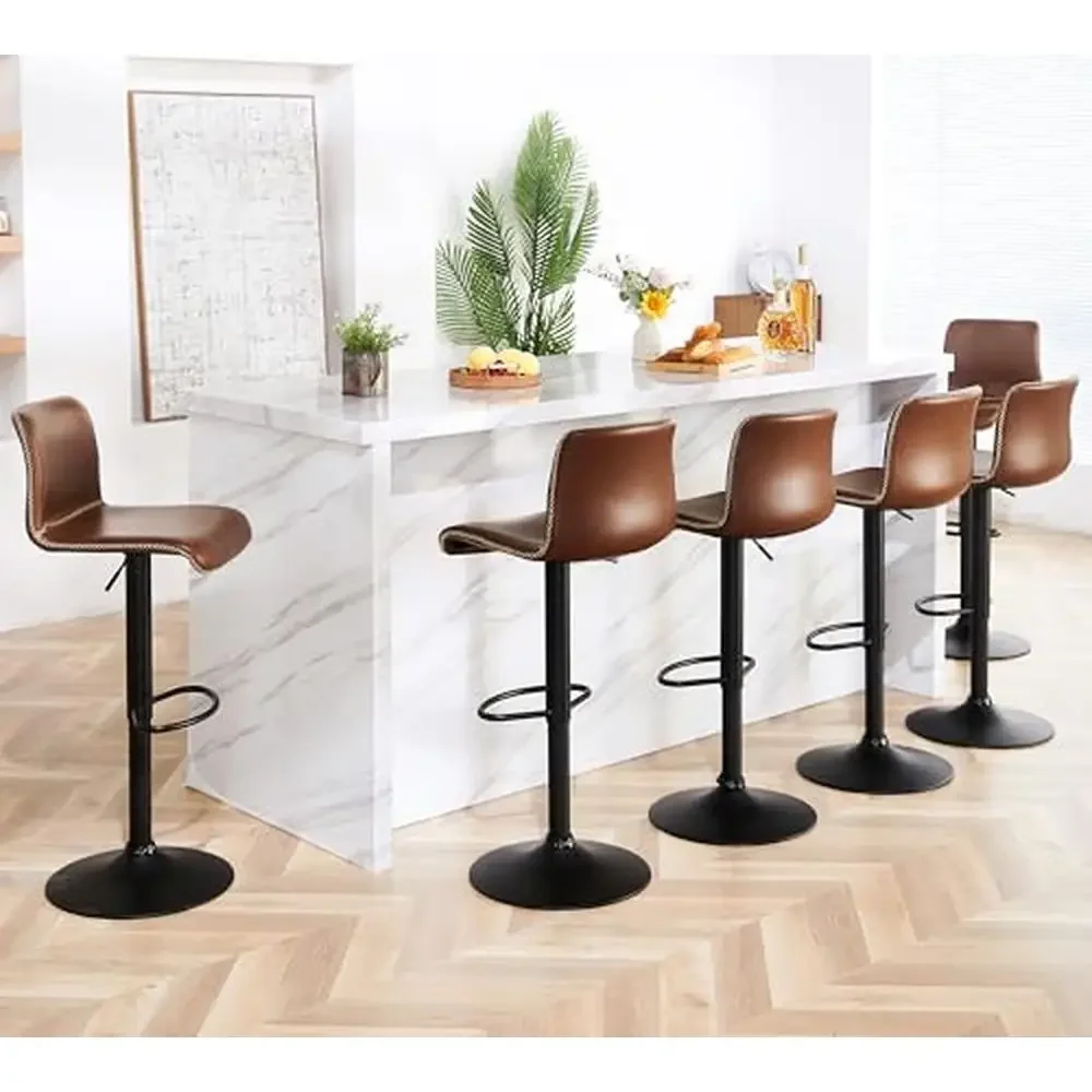 Brown Faux Leather Bar Stools Set of 6 Adjustable Swivel Countertop 24