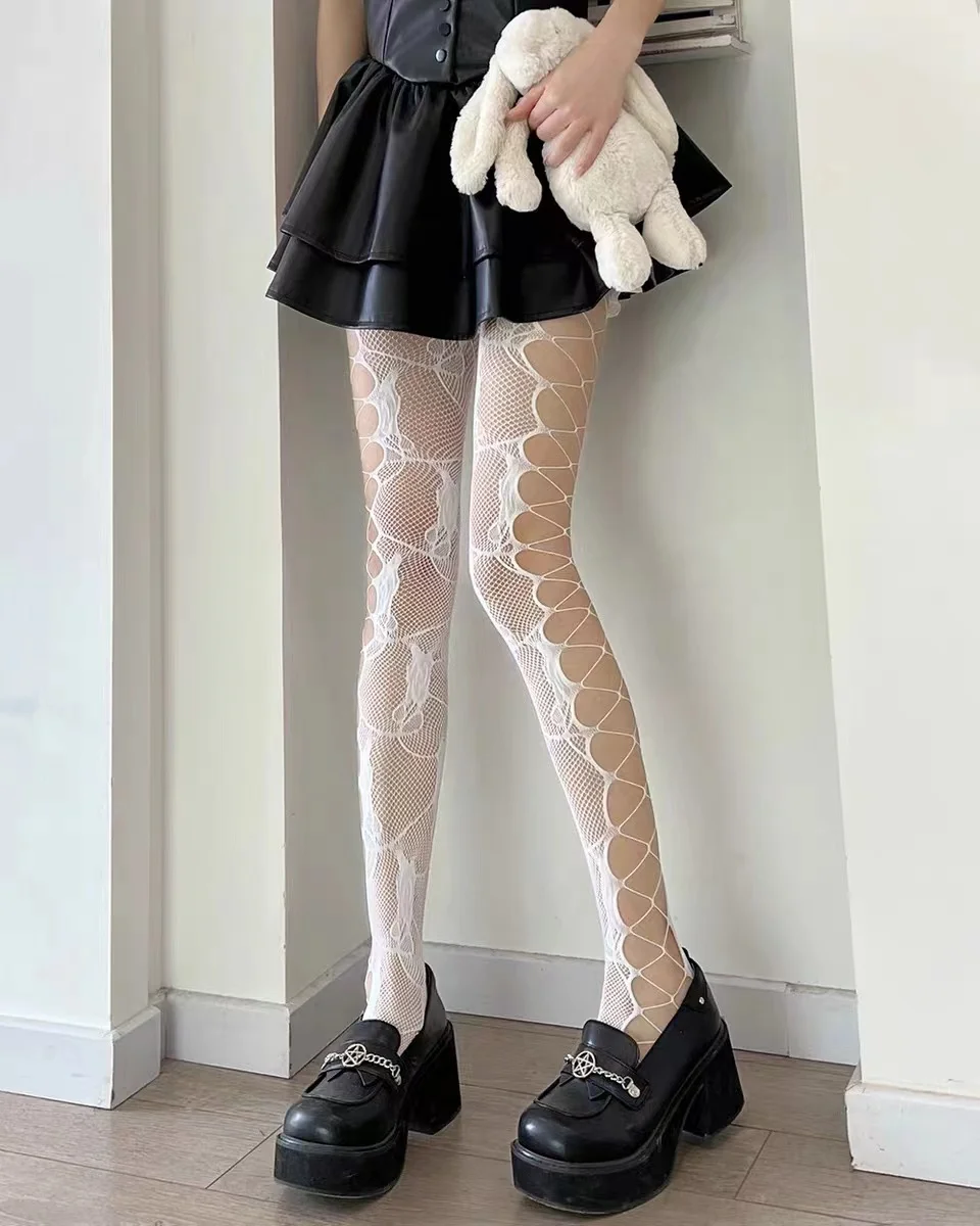 Damen Netzstrümpfe für Cosplay und JK-Outfits, Gemusterte Hochgeschnittene Netzstrümpfe für Nachtclub und Party, Ausgehöhlte Blumenmuster Overknee-Strumpfhose