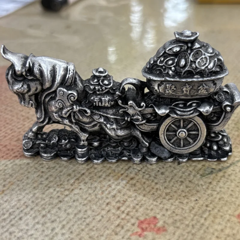 Miscellaneous Collection: , Solid Brass Figurine, Bull Pulling Treasure Basin Ornament, Desktop De