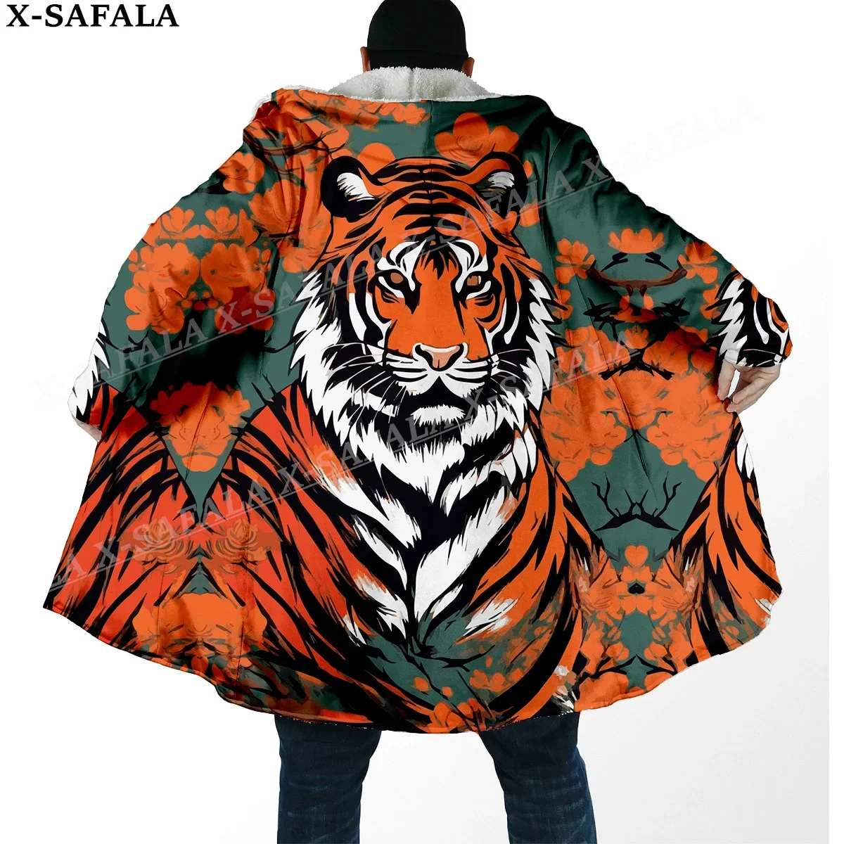 Mythology Tiger The King Spirit Thick Warm Hooded Cloak Men Overcoat Coat Windproof Fleece Cape Robe Hooded Blanket-19