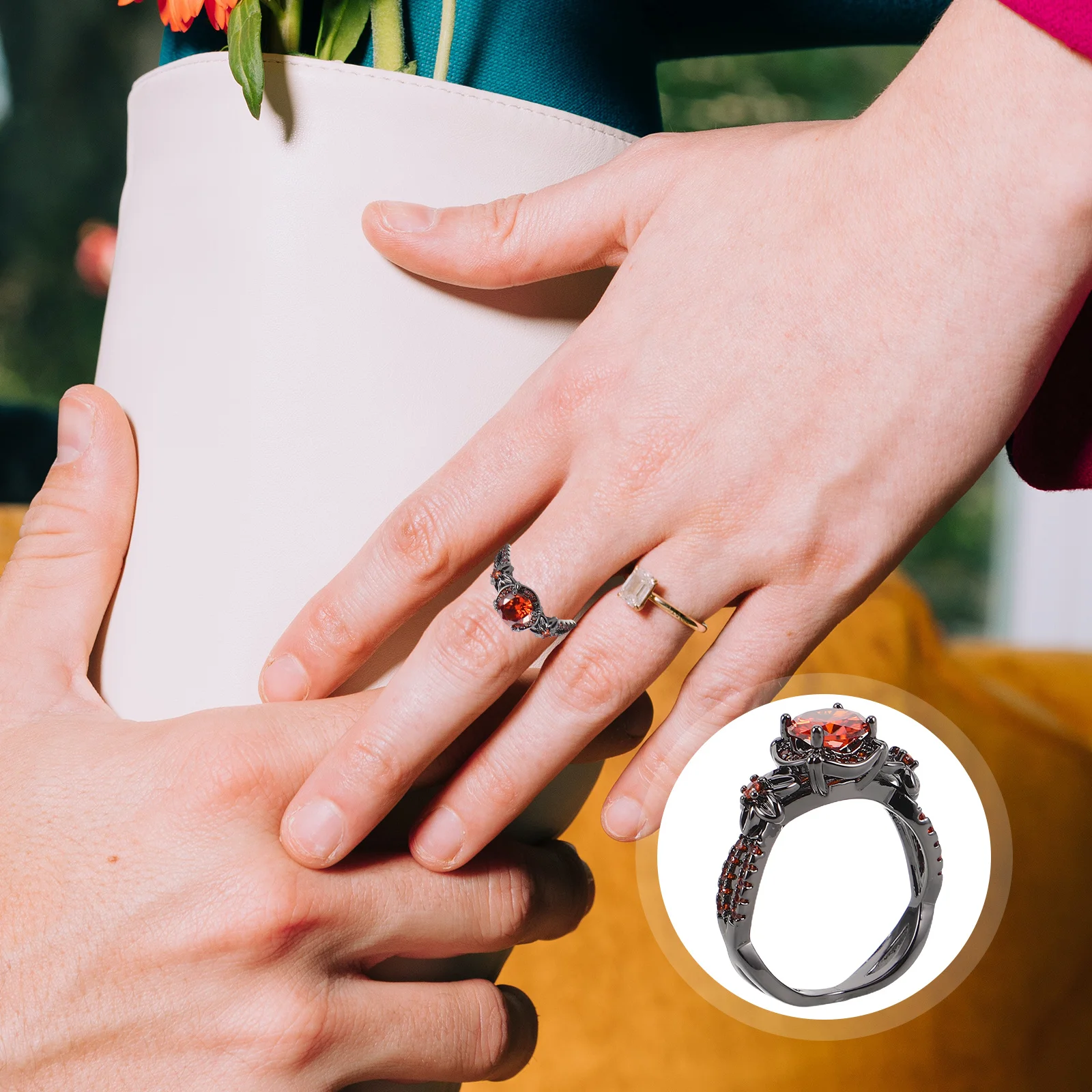 

Gothic Black Ring With Red Zircon Vintage Punk Style Statement Band For Women Men Halloween Goth Jewelry Accessory