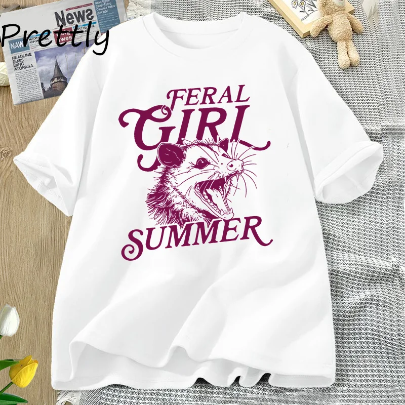 Feral Girl Summer Opossum T-shirts Women Casucal Cotton Short Sleeve Tshirt Funny Animal Graphic T-shirts Unisex Womans Clothing