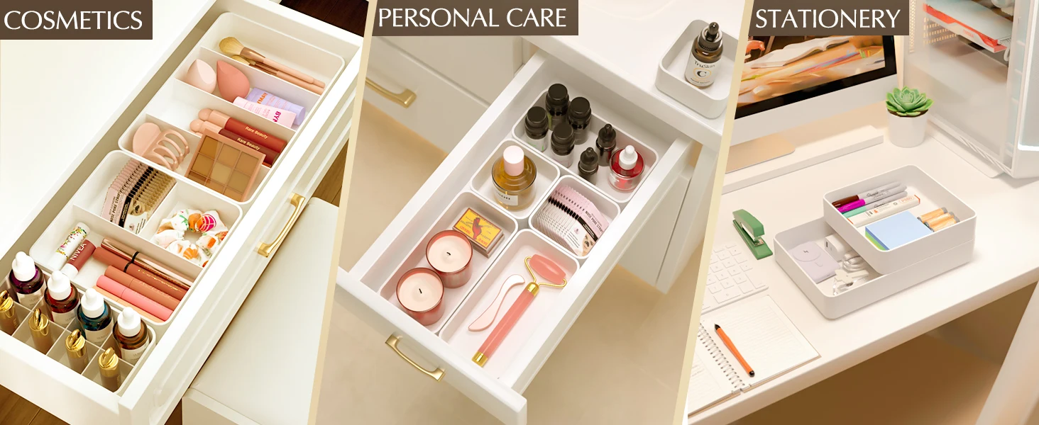 White Desk Drawer Organizer Trays: 9PC Shallow Vanity Bathroom Organizers