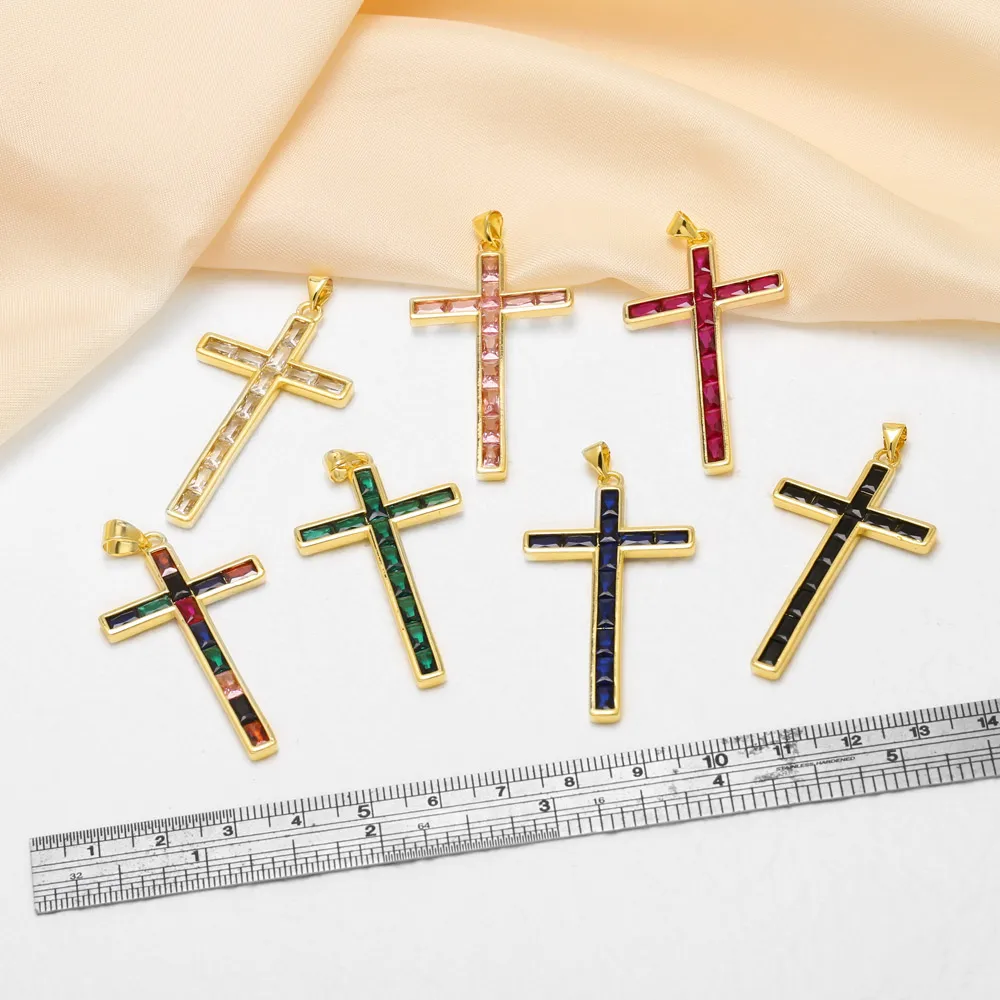 OCESRIO Cystal Cross Charms for Necklace Rainbow Emerald Gold Plated Copper Crucifix Pendant Jewelry Making Supplies pdtb922