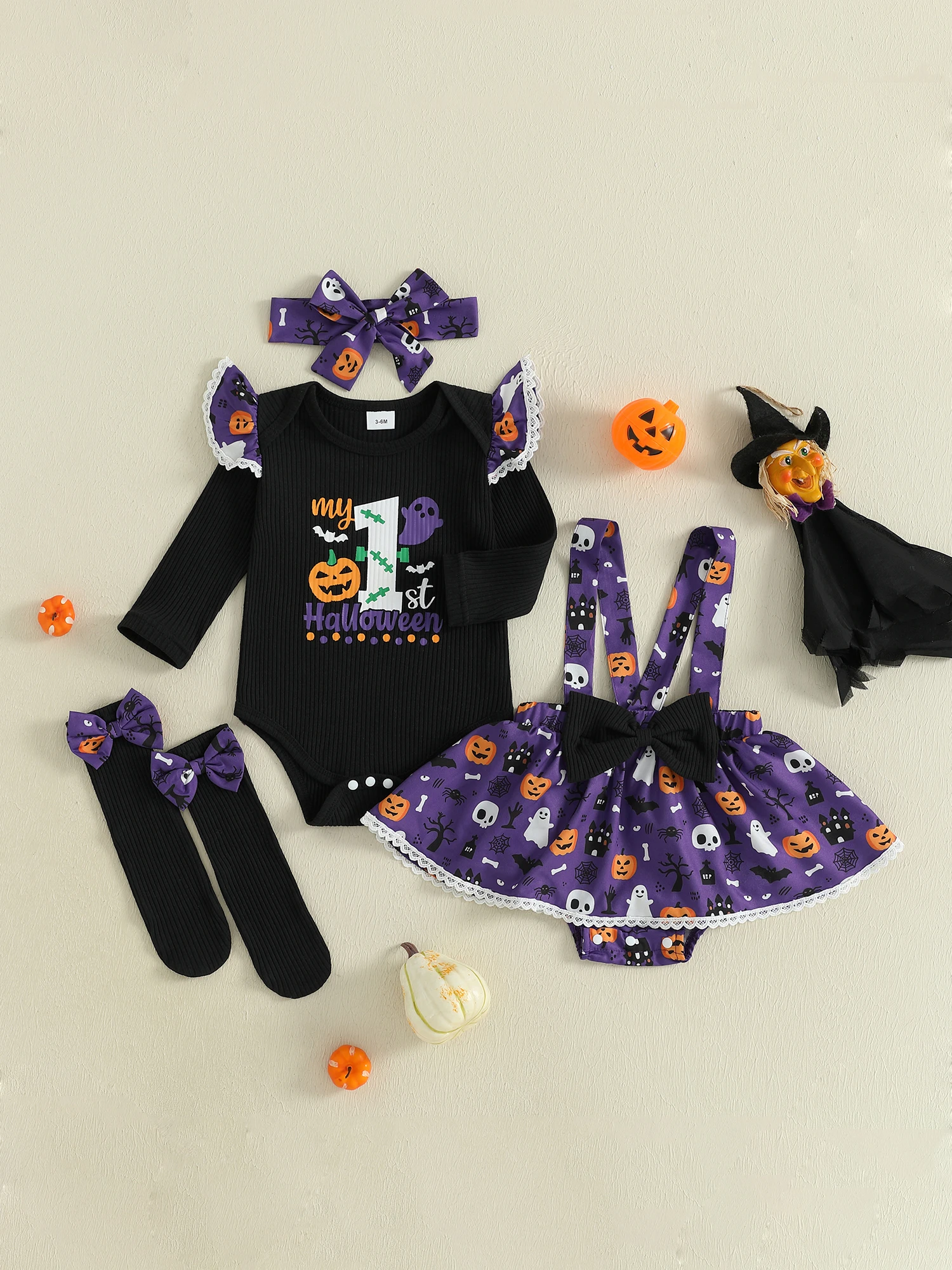 

Toddler Girl Halloween Costume Set with Ghost Pumpkin Print Romper Suspender Skirt Headband and Socks - 4 Piece Outfit for