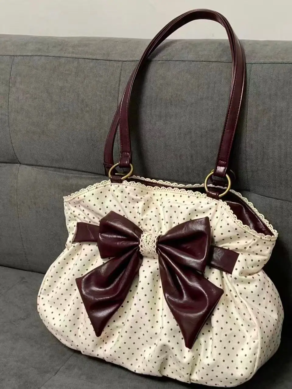 

Новинка 2026, большая сумка через плечо в горошек в стиле ретро с кружевом под мышками, винтажная сумка с одним ремешком для путешествий на открытом воздухе