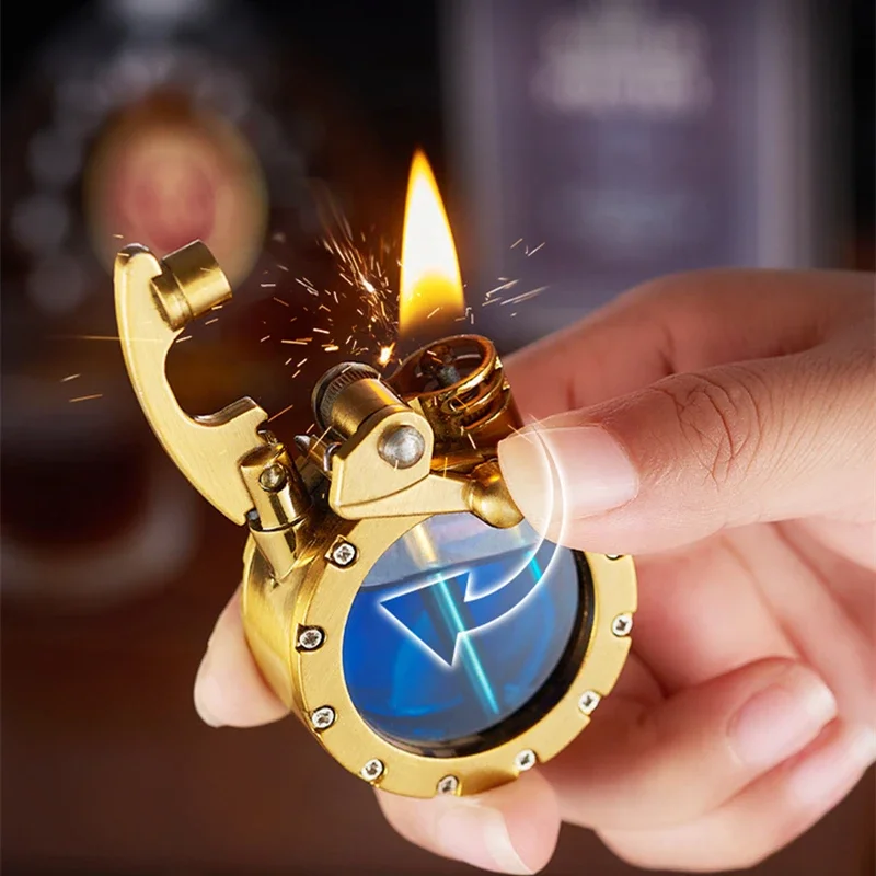 NEW Metal Rocker Arm Kerosene Lighter Creative Personality Round Transparent Oil Tank Open Fire Lighter Men\'s Small Tools