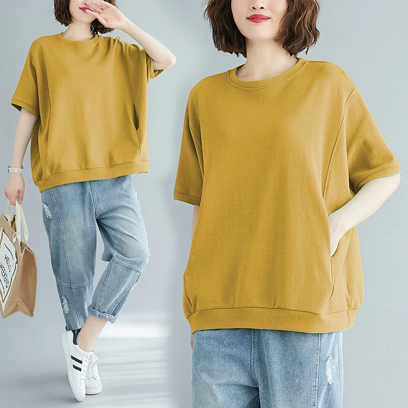 plus Size Loose Fit round Neck T-Shirt Women's Casual Style Polyester Short Sleeve Pure Color Age-Defying Body Concealing Top