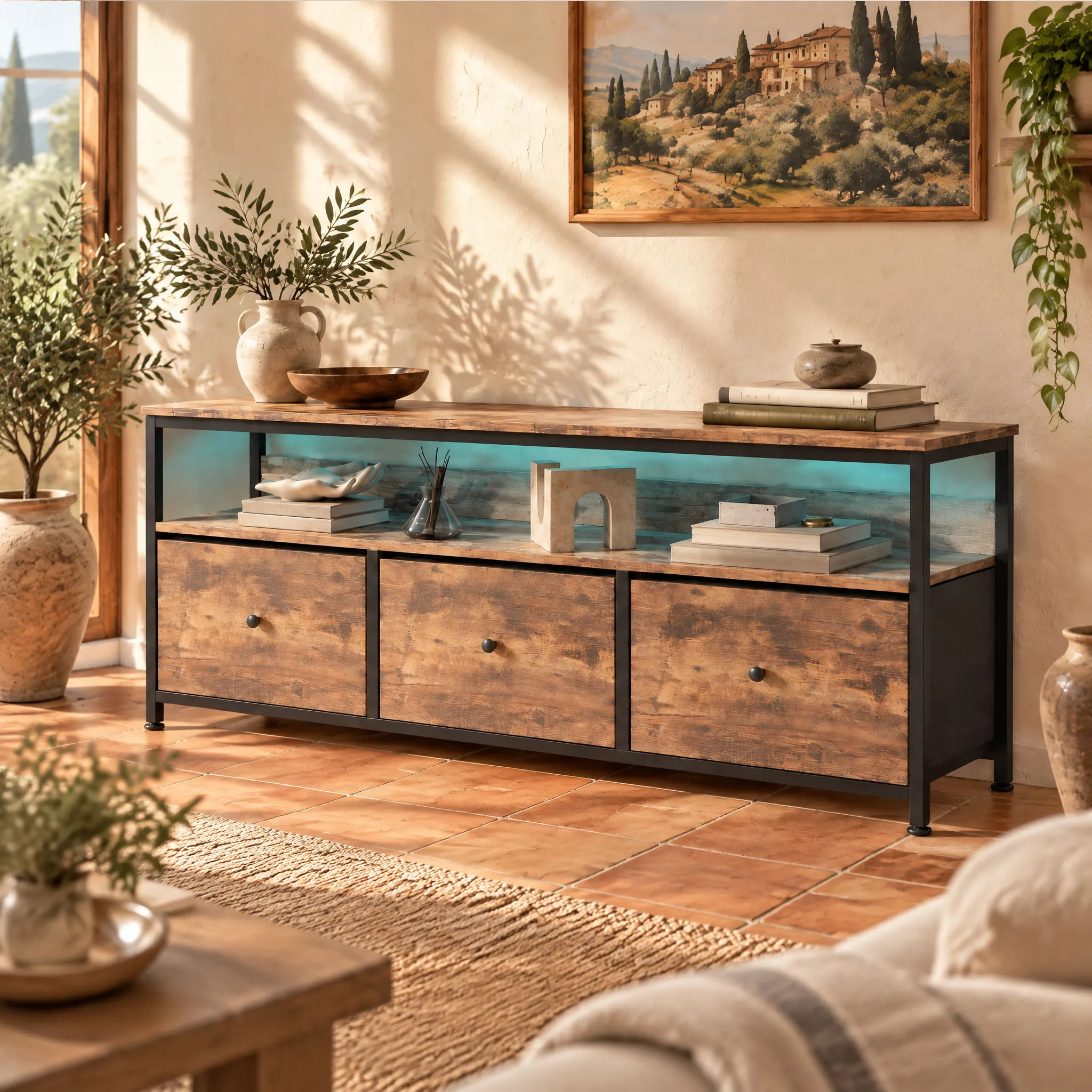 Superaly, tv-meubel met 3 opberglades, mediameubel met houten afwerking, metalen frame, tv-kast voor de woonkamer, rustiek tv-meubel met open plank.
