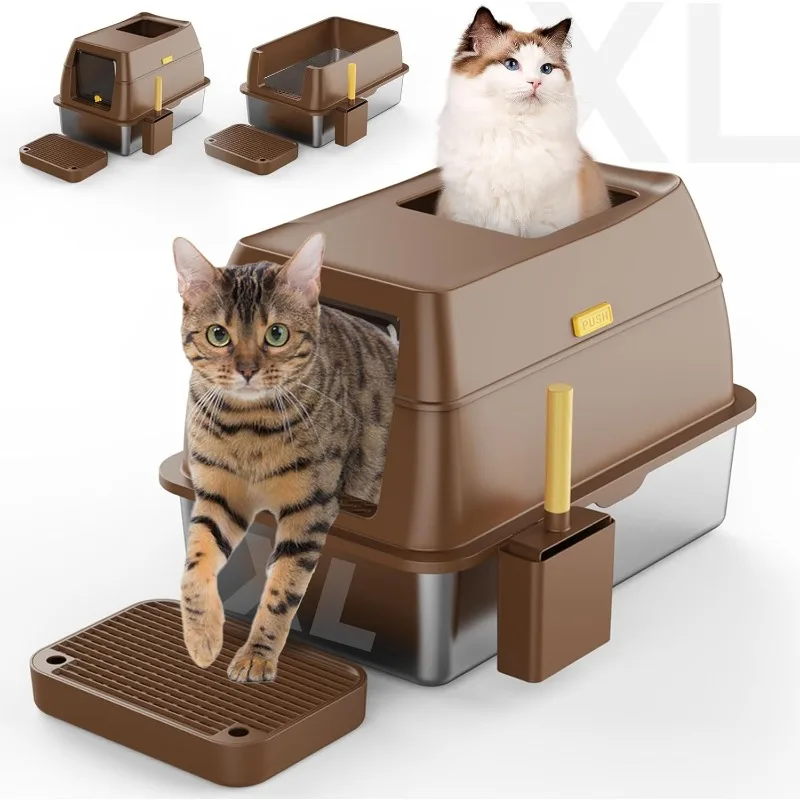 Stainless Steel Litter Box with Lid, XL Litter Boxes for Big Cats and Multiple Cats, Extra Large Metal Cat Litter Box with