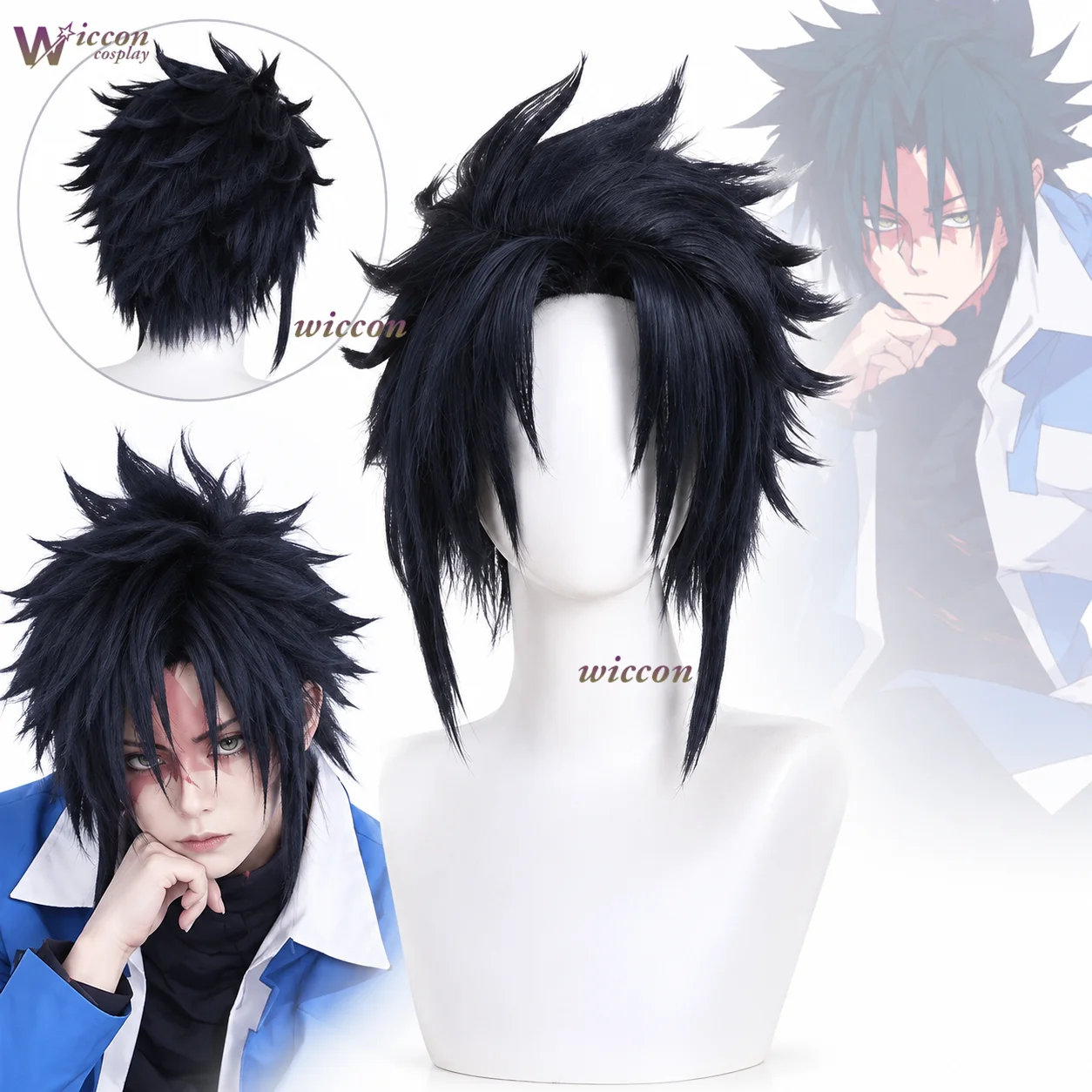 YesOk D Cosplay Deep Blue Spiky Hair Fashion Y2K Cartoon Synthetic Hair Retro Flipped Cut Wigs Halloween Party Anime Punk