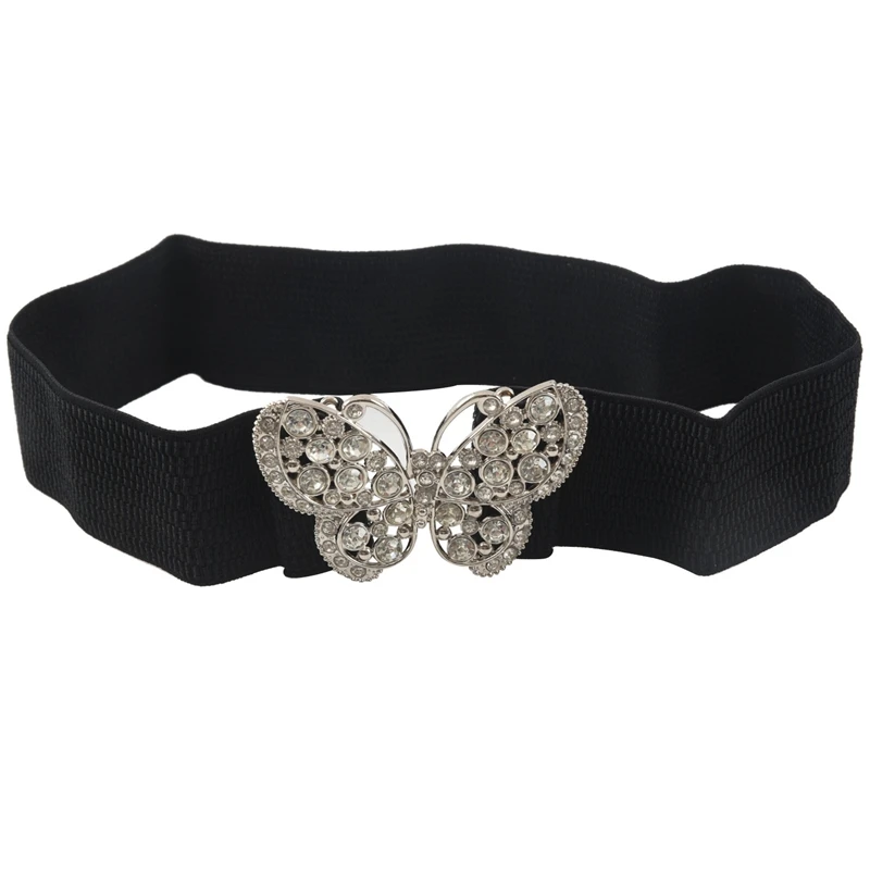 2 Pcs Women Rhinestones Accent Butterfly Hook Buckle Black Elastic Cinch Waist Belt - 56X7cm & 58X5cm image 6