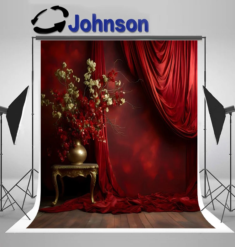 존슨 레드 벨벳 꽃 커튼 배경, 하이 퀄리티 컴퓨터 인쇄, 웨딩 사진 스튜디오 배경