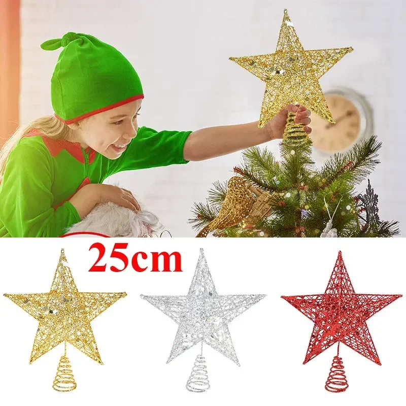 25cm Big Gold Sliver Glitter Christmas Tree Top Star Decorations For Home Exquisite Iron Art Ornament Xmas Party New Year Decor