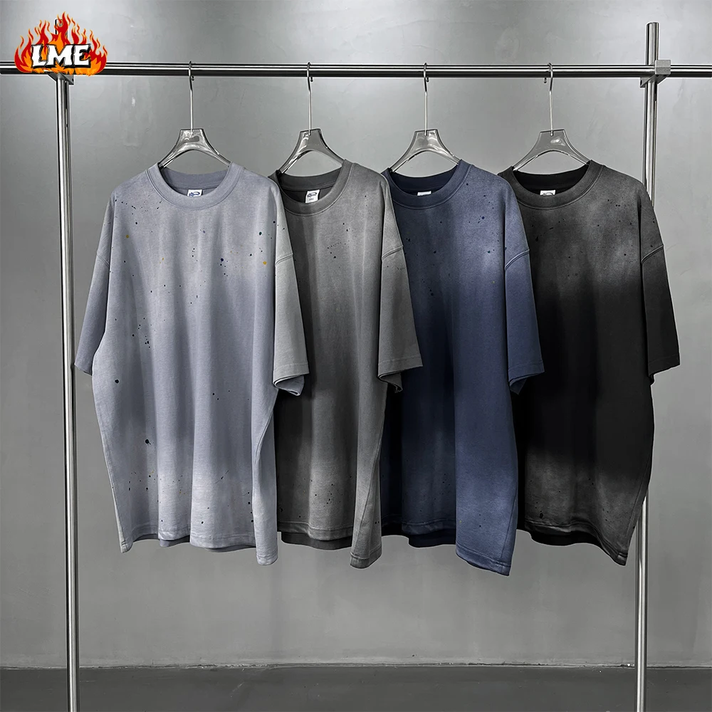 Hot Splashed Ink Spray dyed Vintage Distressed Acid Wash Streetwear Style 4 Color Plain Blank Oversized T Shirt For Men