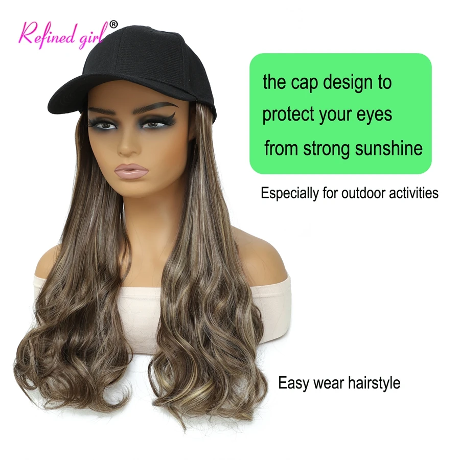 Hat Wig Cap with Synthetic 20Inch Long Wave Hair Extensions Attached for Women Wave Wig Hats Wavy Ends Straight Roots Hair Style image 3