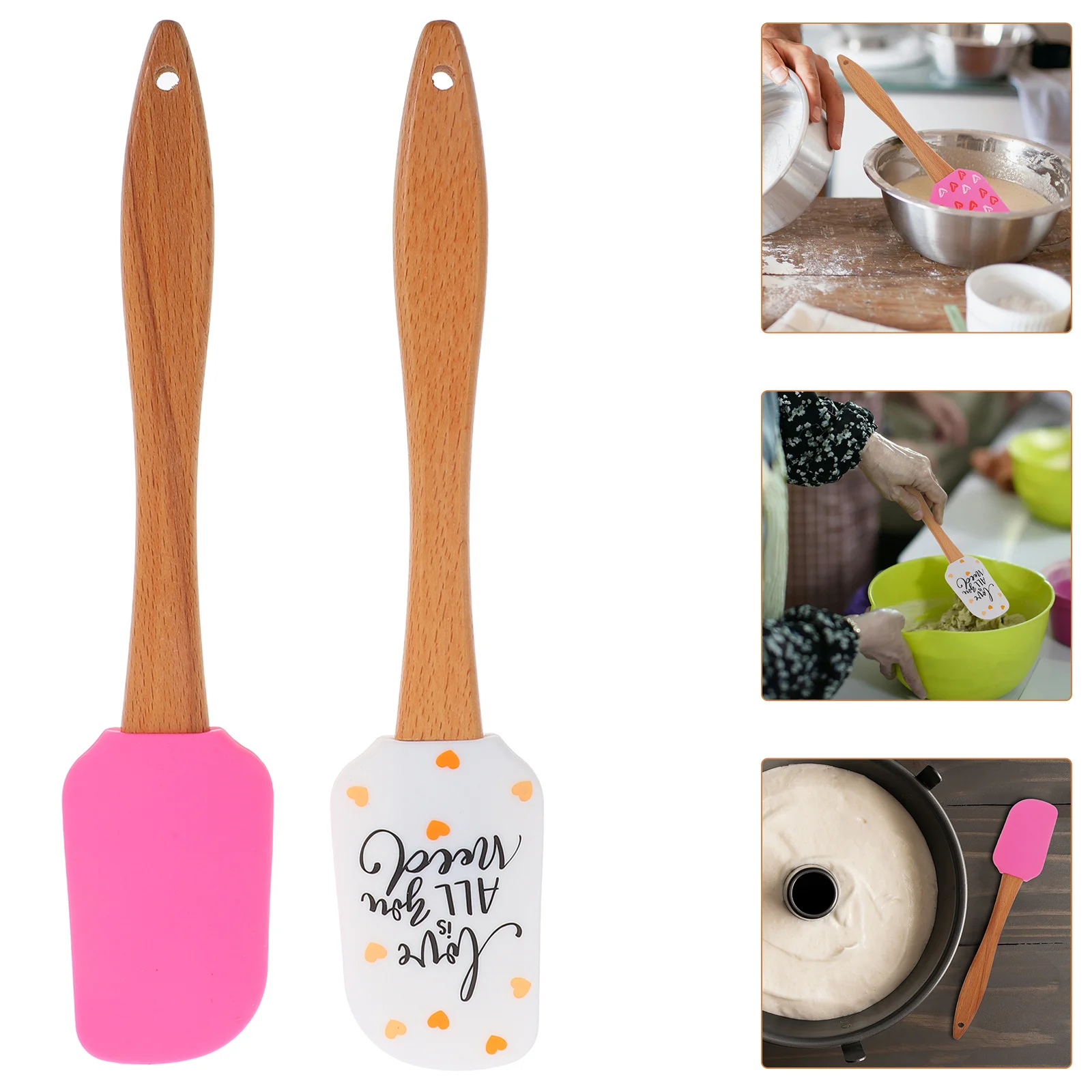 

2Pcs Silicone Spatula Set Valentine Theme Heat Resistant Rubber Scraper with Wooden Handle for Baking Cooking Frosting