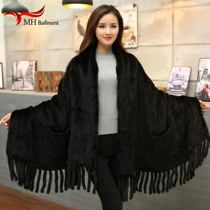 Women Fur Poncho Winter Black/Brown Knit Natural Mink Fur Scarves Wraps Real Mink Fur Shawls for Women Mink Fur Shawl D9