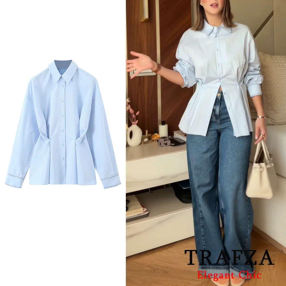

TRAFZA Women Elegant Blue Shirt Lapel Waist Buttons Shirt Office Lady Tops New 2025 Spring Summer Fashion Commuter Dinner Shirt
