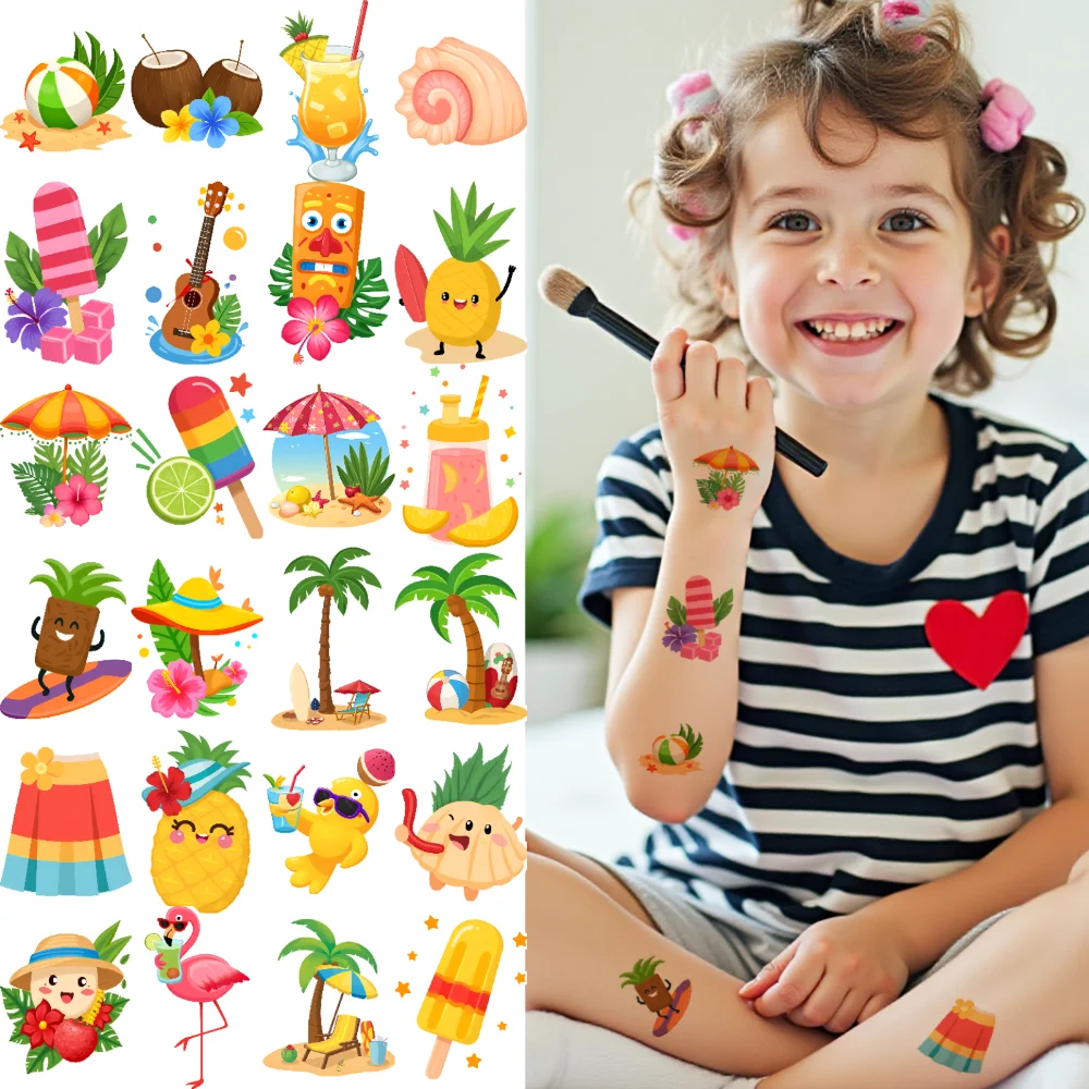 

54pcs Temporary Tattoo Waterproof Long-lasting Body Stickers Flamingo Pineapple Ukulele For Cheeks Girls Children