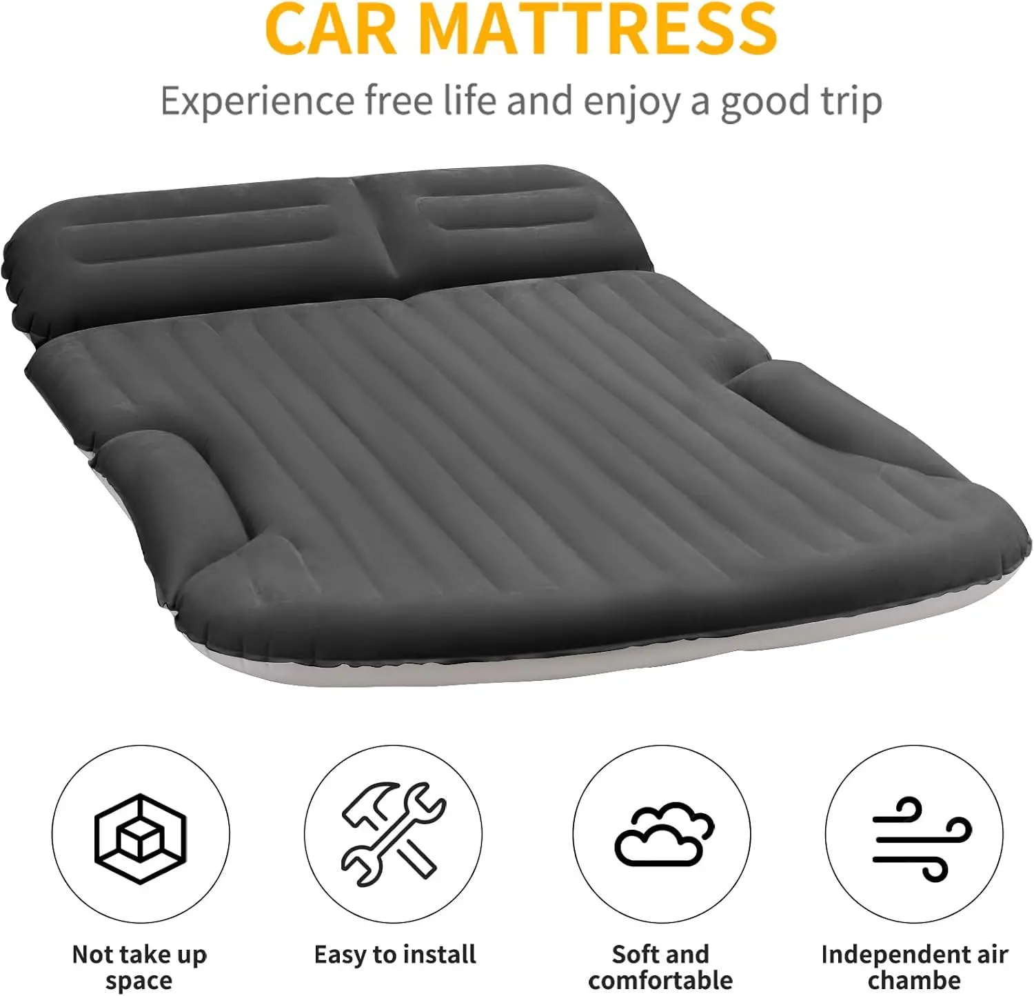 Matelas pneumatique SUV épais, lit gonflable floqué double face avec oreillers et pompe électrique, gris foncé
